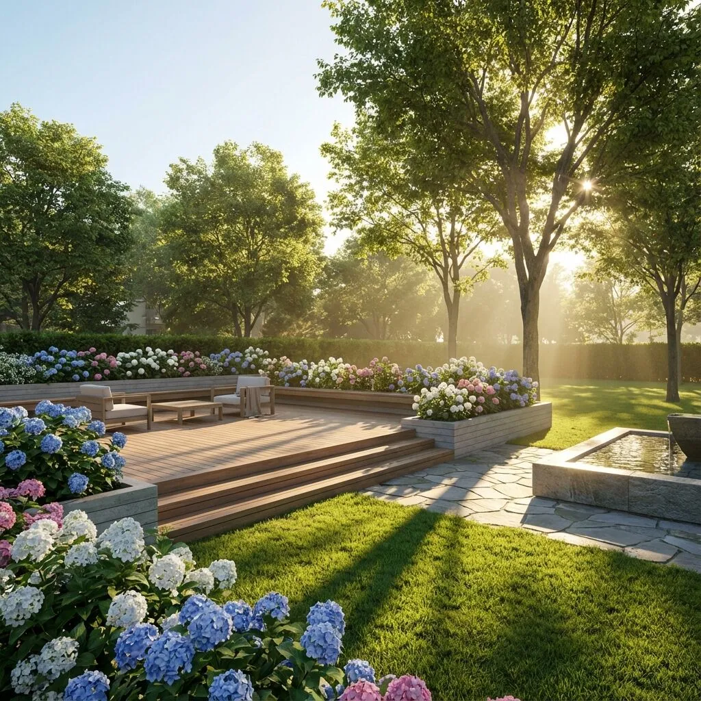 Dream backyard visualization with lush garden and lighting