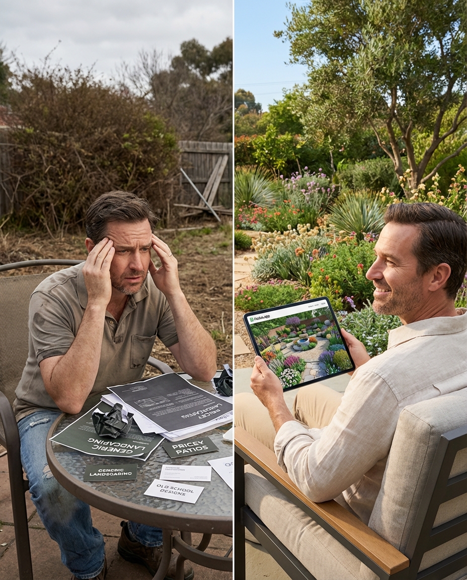 AI-generated landscape design marketing campaign created by FlowGora autonomous agents for LinkedIn